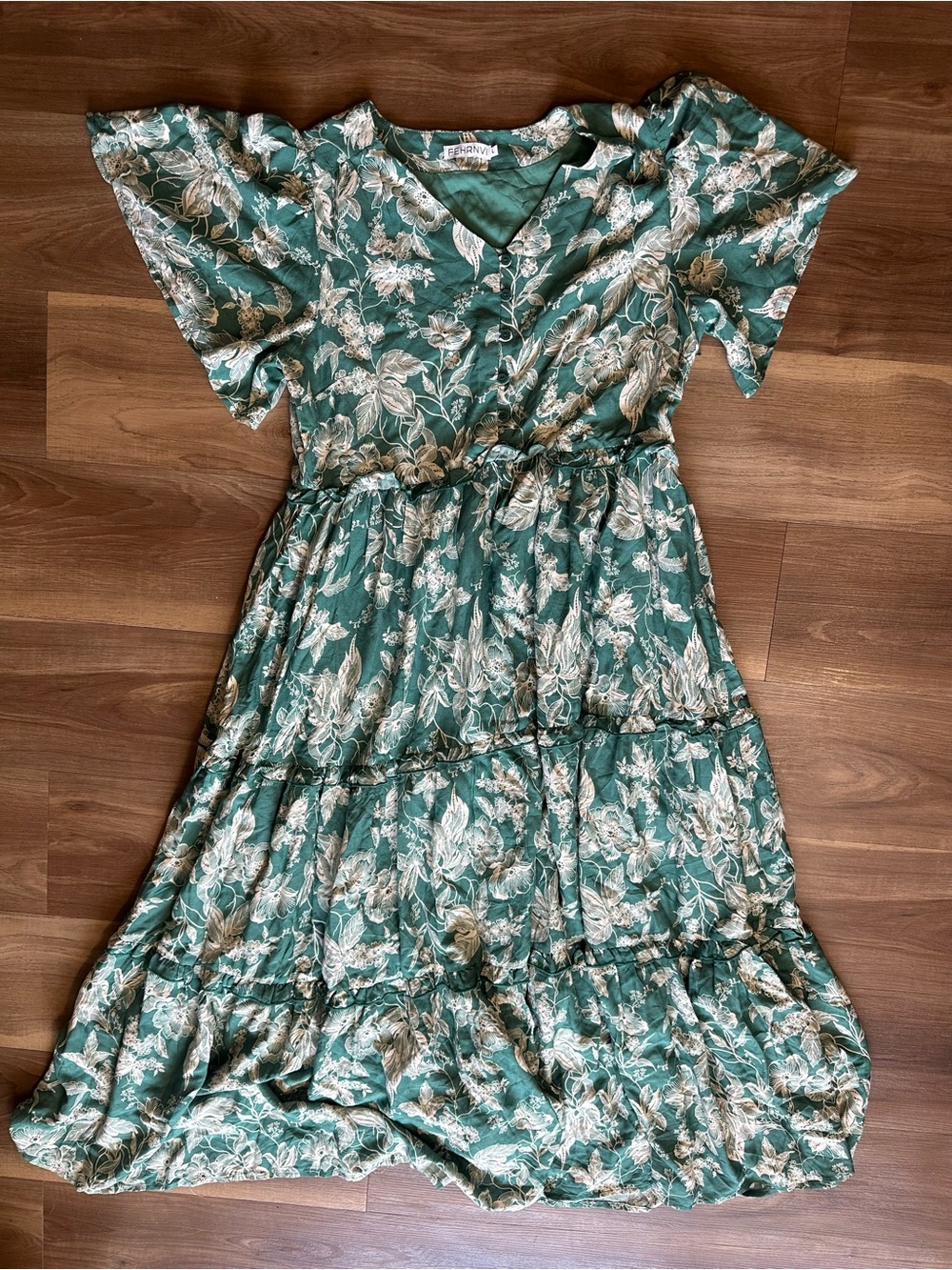 FEHRNVI Green Floral Maxi Dress Boho Tiered Ruffle Flutter Sleeve V-Neck size L